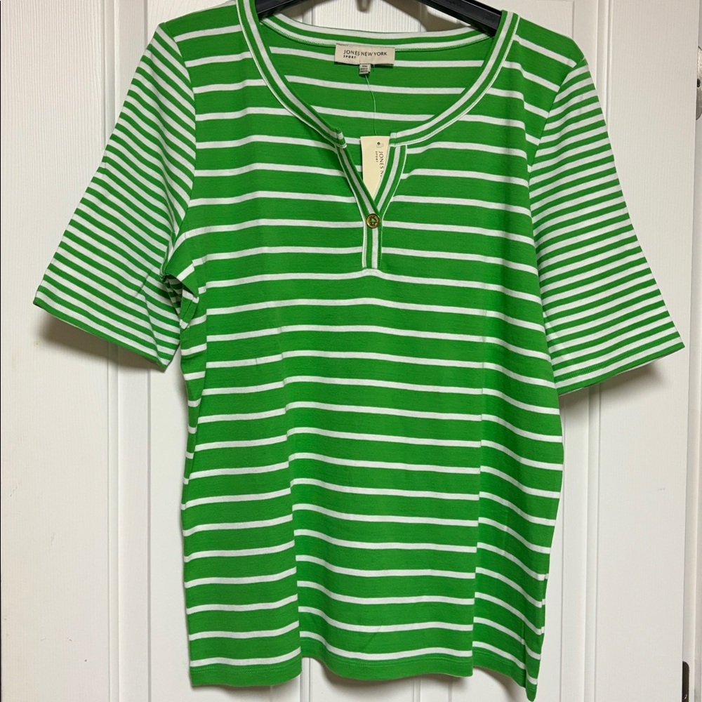 NWT Jones New York Sport Vibrant Kelly Green Striped Cotton Henley Top